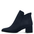 Women's navy suede ankle boot with almond toe and mid block heel
