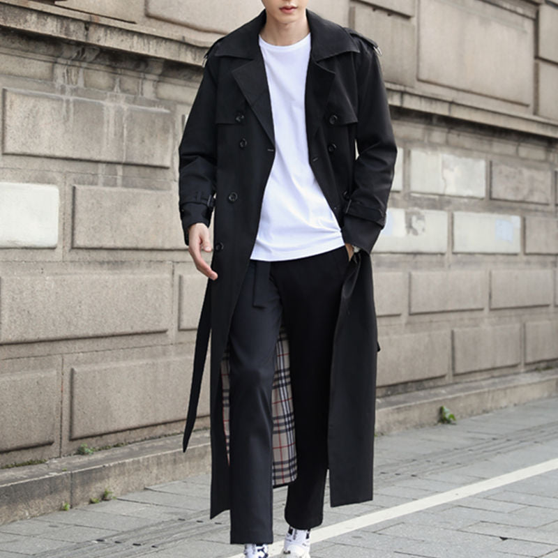 Men's longline trench coat with double-breasted buttons, belt and checked lining