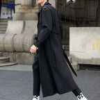 Men's longline trench coat with double-breasted buttons, belt and checked lining