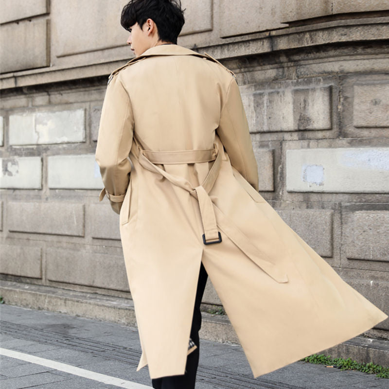 Men's longline trench coat with double-breasted buttons, belt and checked lining