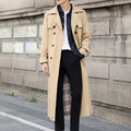 Men's longline trench coat with double-breasted buttons, belt and checked lining