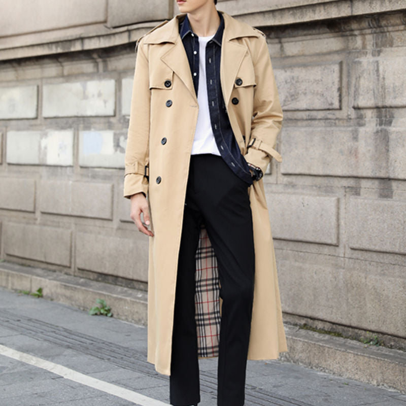 Men's longline trench coat with double-breasted buttons, belt and checked lining
