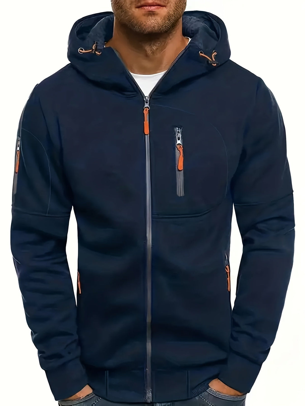 Men's plain hooded jacket with full zip and zipped pockets