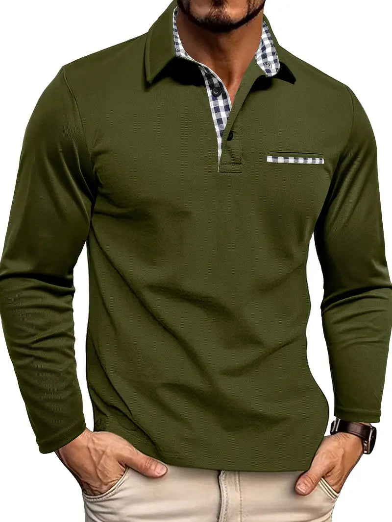 Men's long sleeve polo shirt with checked collar and chest pocket trim