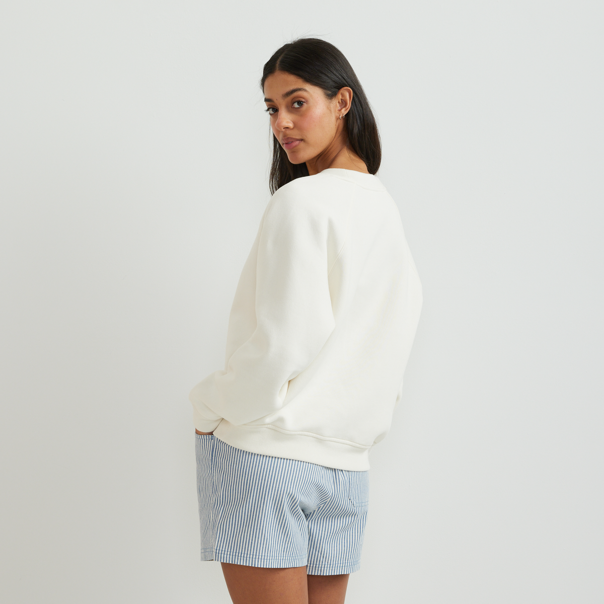 Women's long-sleeve crew sweatshirt with ribbed trims and raglan sleeves
