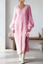 Women's plain knitted midi dress with V-neck, button front and balloon sleeves