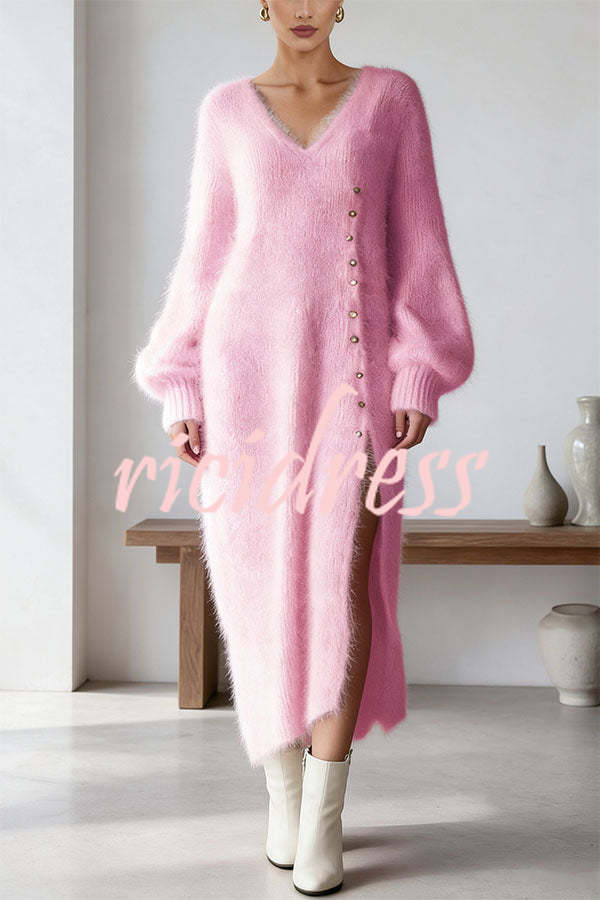 Women's plain knitted midi dress with V-neck, button front and balloon sleeves