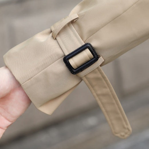 Men's longline trench coat with double-breasted buttons, belt and checked lining