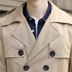 Men's longline trench coat with double-breasted buttons, belt and checked lining