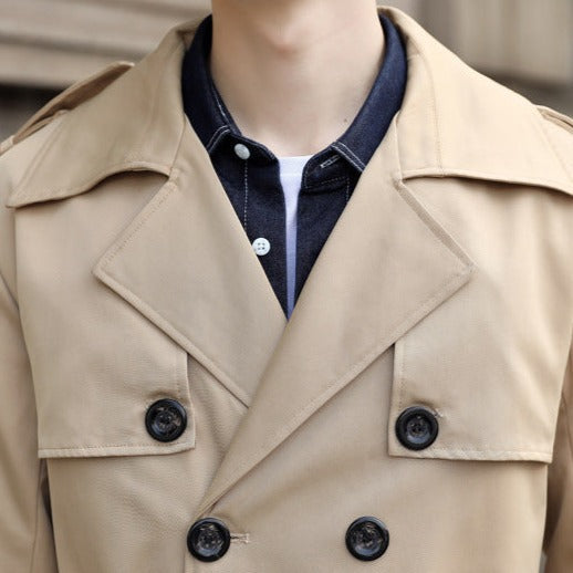 Men's longline trench coat with double-breasted buttons, belt and checked lining