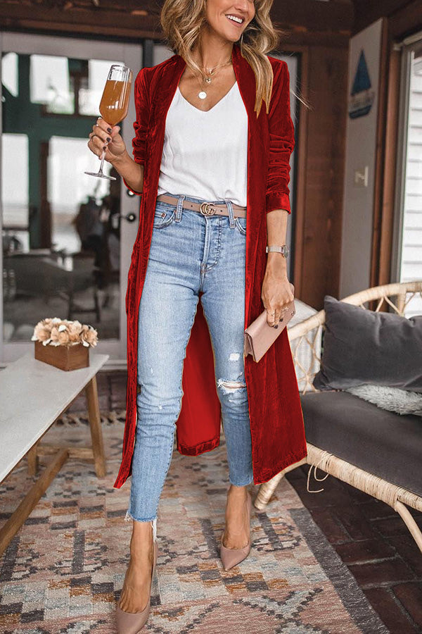 Women's longline velvet kimono coat with open front and long sleeves