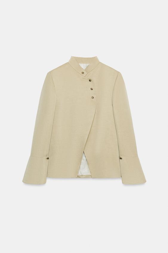 Women's mandarin collar blazer jacket with long flared cuffs