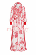 Women's red jungle print shirt and wide leg trousers set with striped detailing