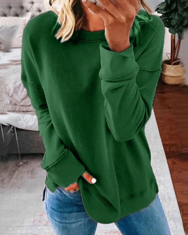 Women's plain crew neck sweatshirt with long sleeves and ribbed-look trims