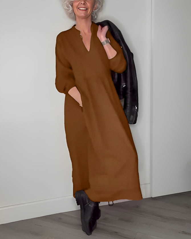 Women's long sleeve plain maxi dress with round neckline and A-line shape