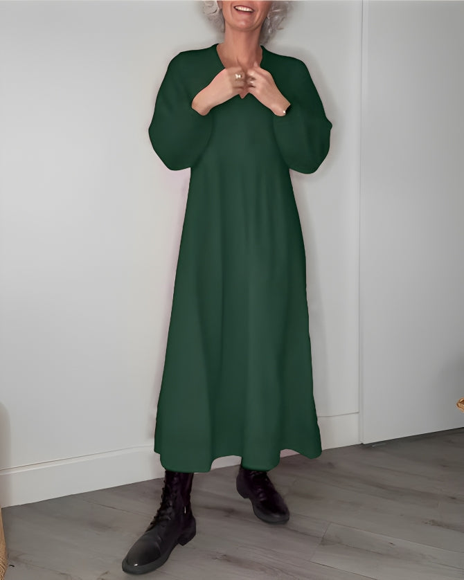 Women's long sleeve plain maxi dress with round neckline and A-line shape