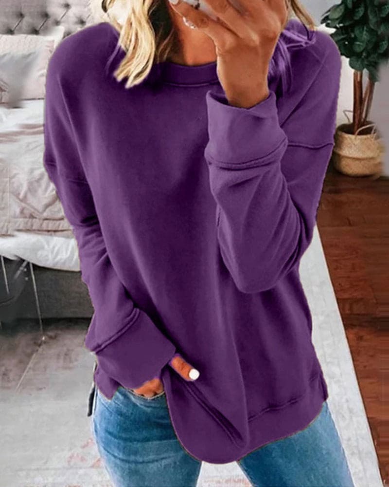 Women's plain crew neck sweatshirt with long sleeves and ribbed-look trims
