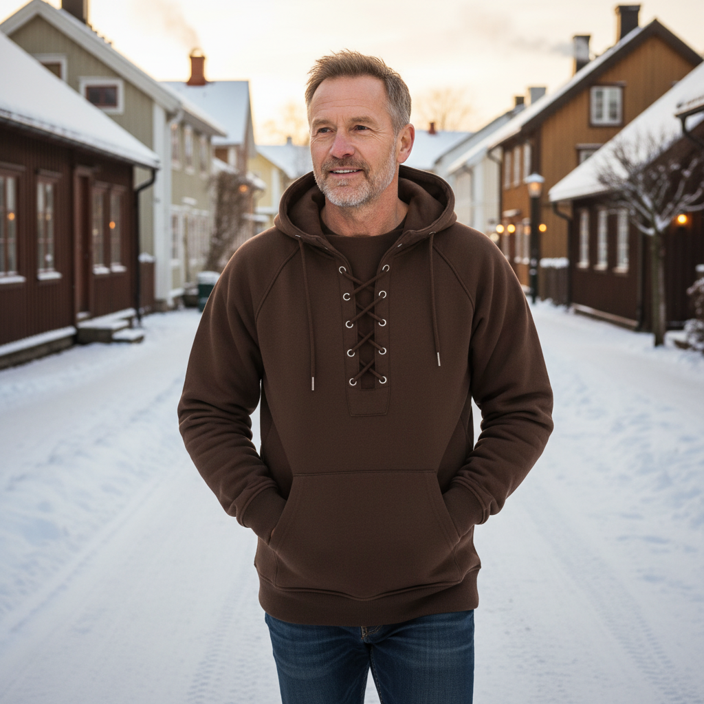 Solid lace-up hooded hoodie with long sleeves and kangaroo pocket
