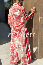 Women's red jungle print shirt and wide leg trousers set with striped detailing