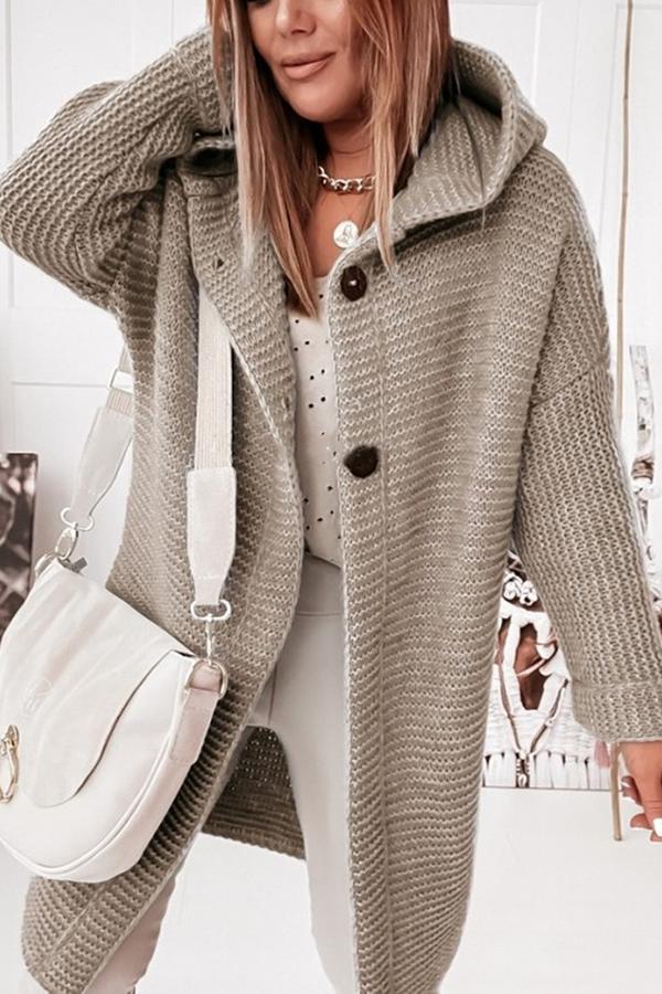 Women's longline hooded cardigan with button front and textured knit finish