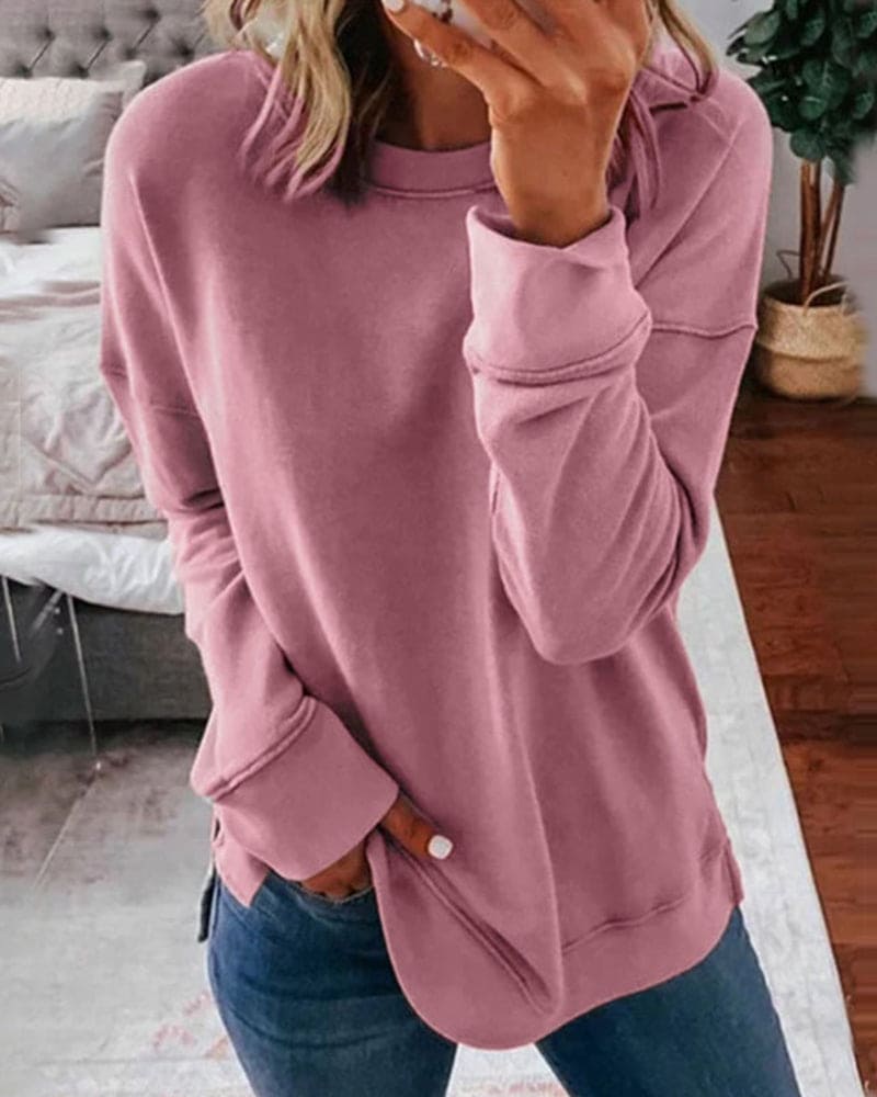 Women's plain crew neck sweatshirt with long sleeves and ribbed-look trims