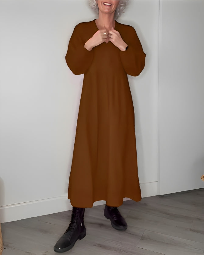 Women's long sleeve plain maxi dress with round neckline and A-line shape