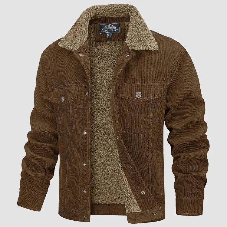 Men's corduroy-style jacket with sherpa-style collar, snap fastening and pockets