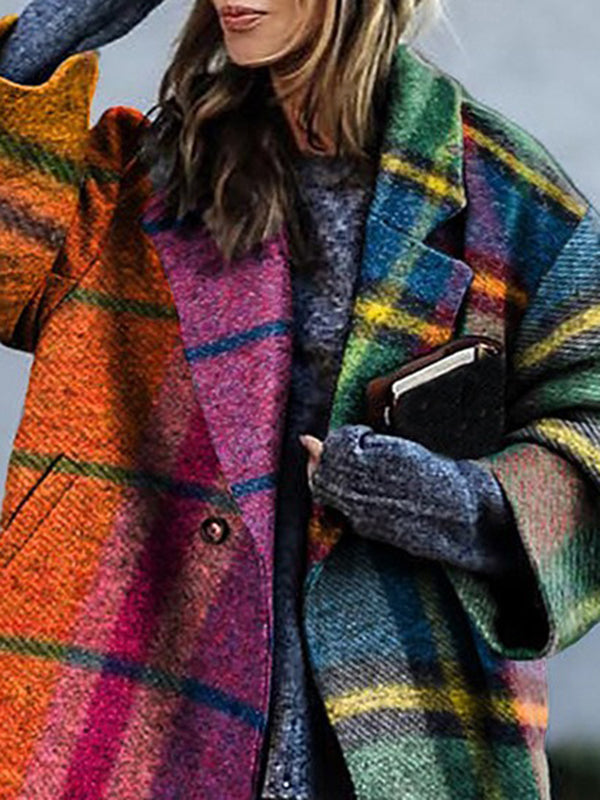 Women's multicoloured checked longline coat with lapel collar and three-quarter sleeves