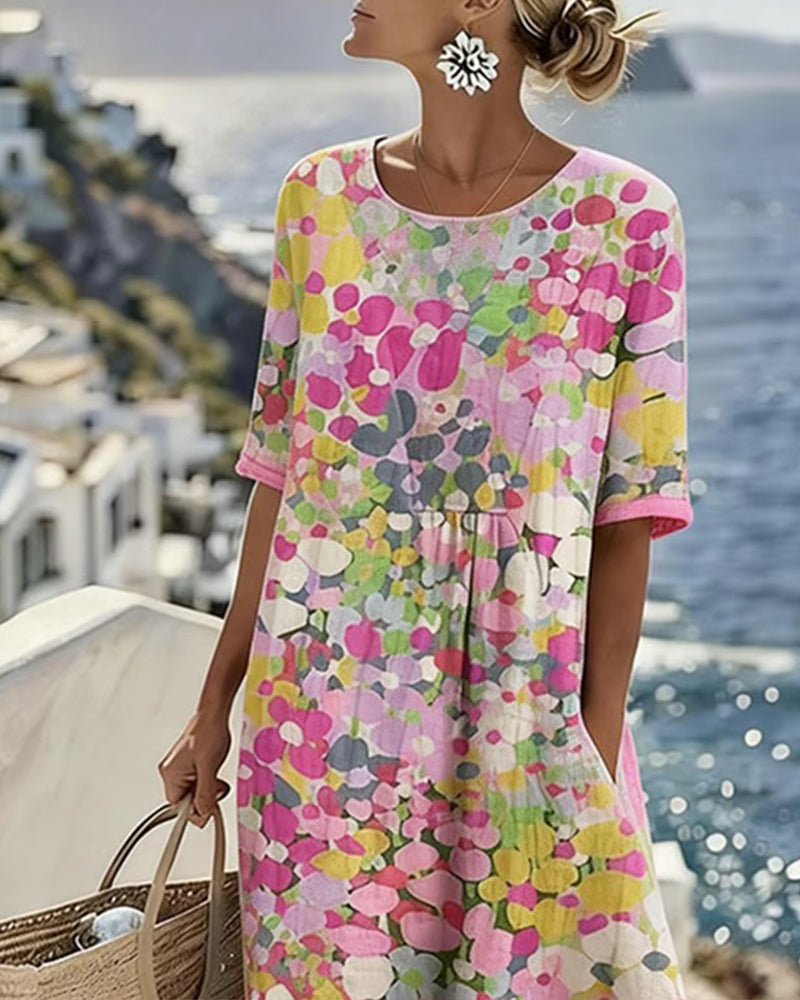 Women's abstract floral midi dress with round neck and short sleeves