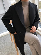 Men's long double-breasted overcoat with notched lapels and button fastening