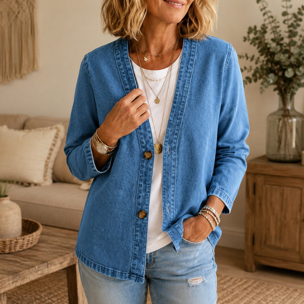 Women's collarless button-down cardigan with long sleeves and front pockets