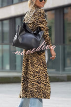 Women's longline leopard print coat with lapels and long sleeves