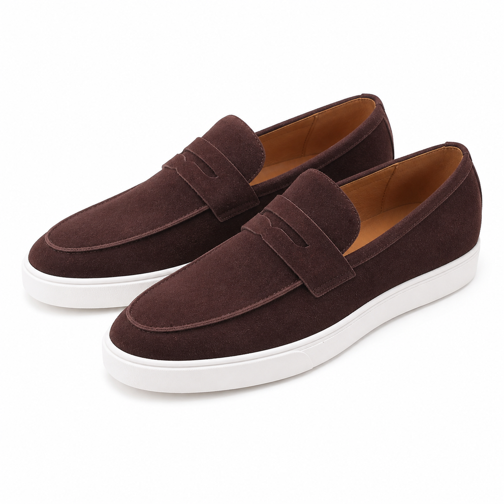 Men's textured penny loafers with rounded toes and white flat soles