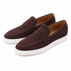 Men's textured penny loafers with rounded toes and white flat soles