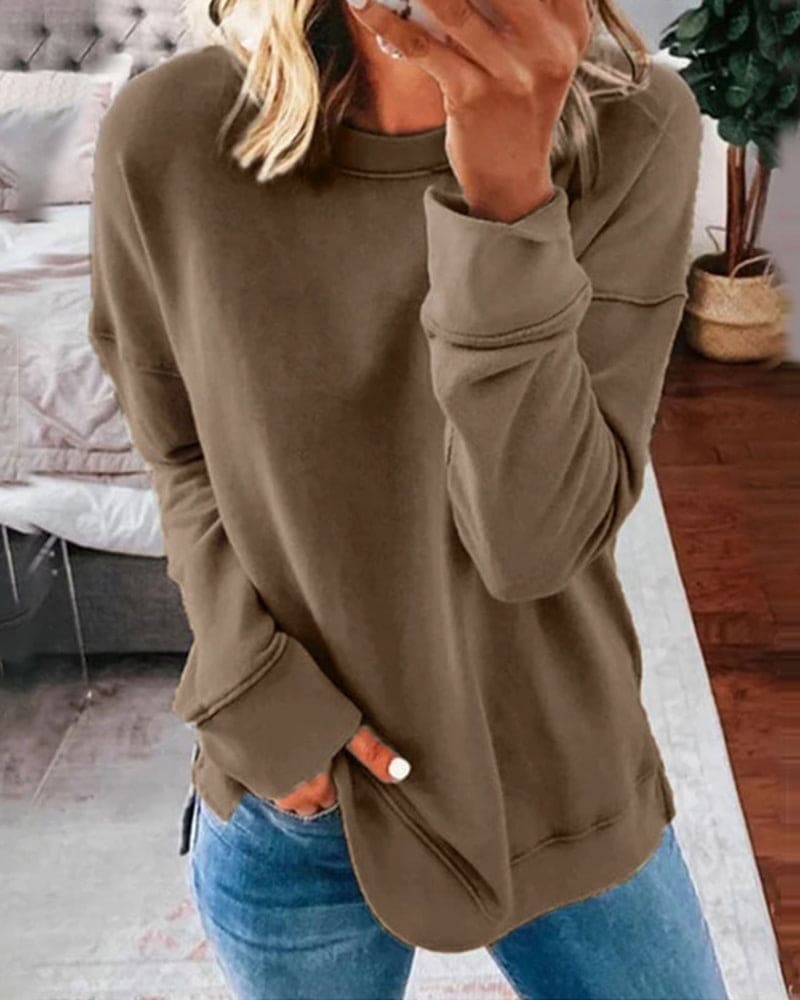 Women's plain crew neck sweatshirt with long sleeves and ribbed-look trims