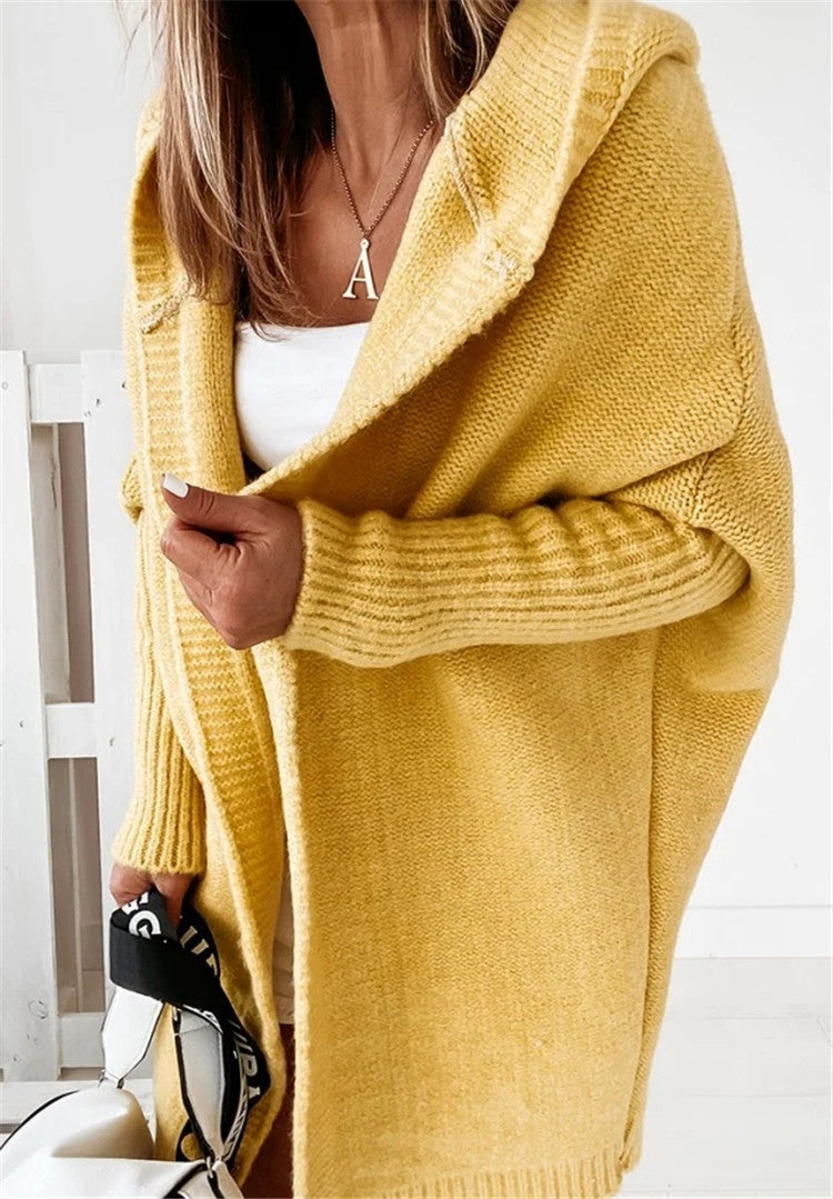 Women's oversized hooded cardigan with batwing sleeves and ribbed trims