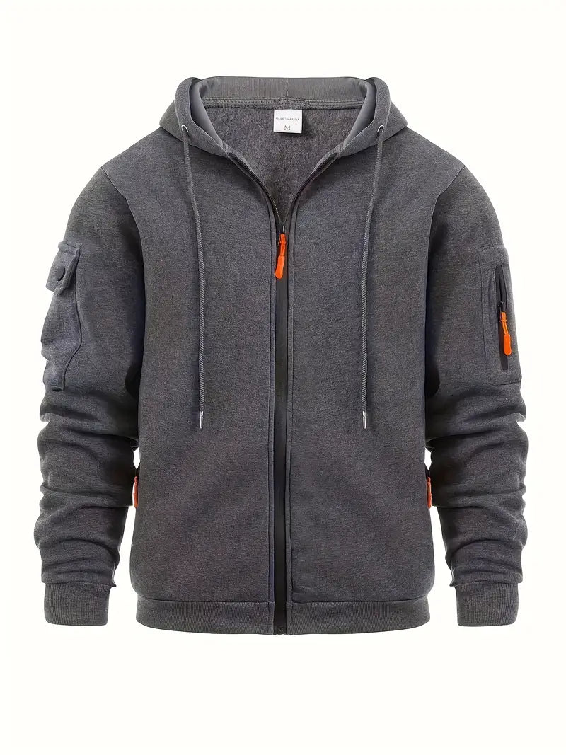 Men's full-zip hooded sweatshirt with long sleeves and utility pockets