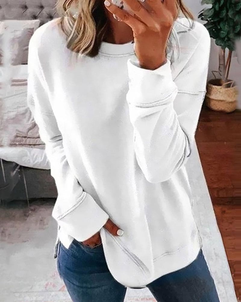 Women's plain crew neck sweatshirt with long sleeves and ribbed-look trims