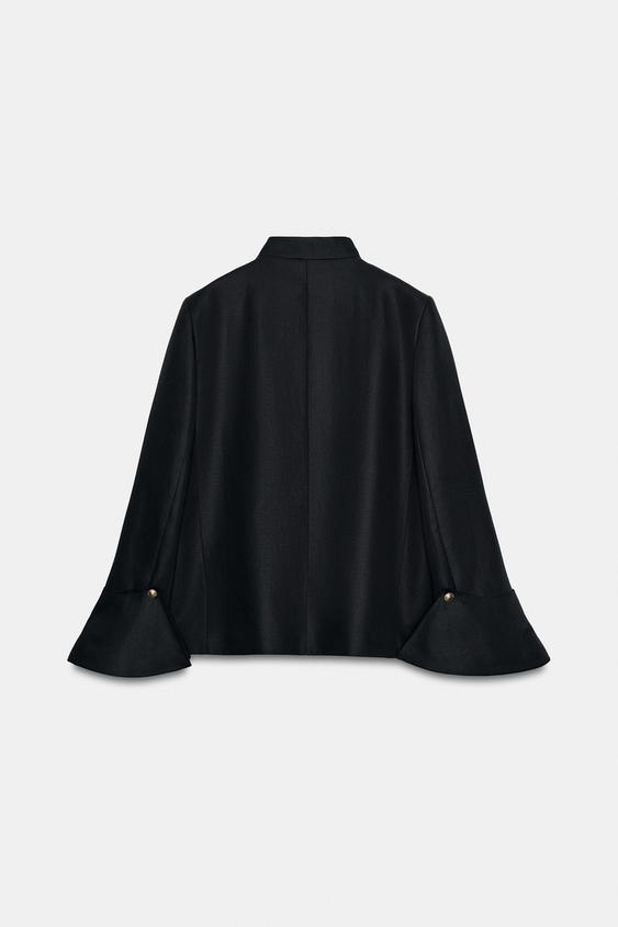 Women's mandarin collar blazer jacket with long flared cuffs