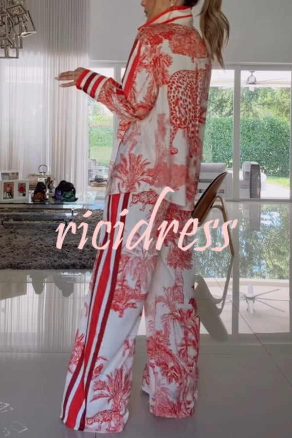 Women's red jungle print shirt and wide leg trousers set with striped detailing