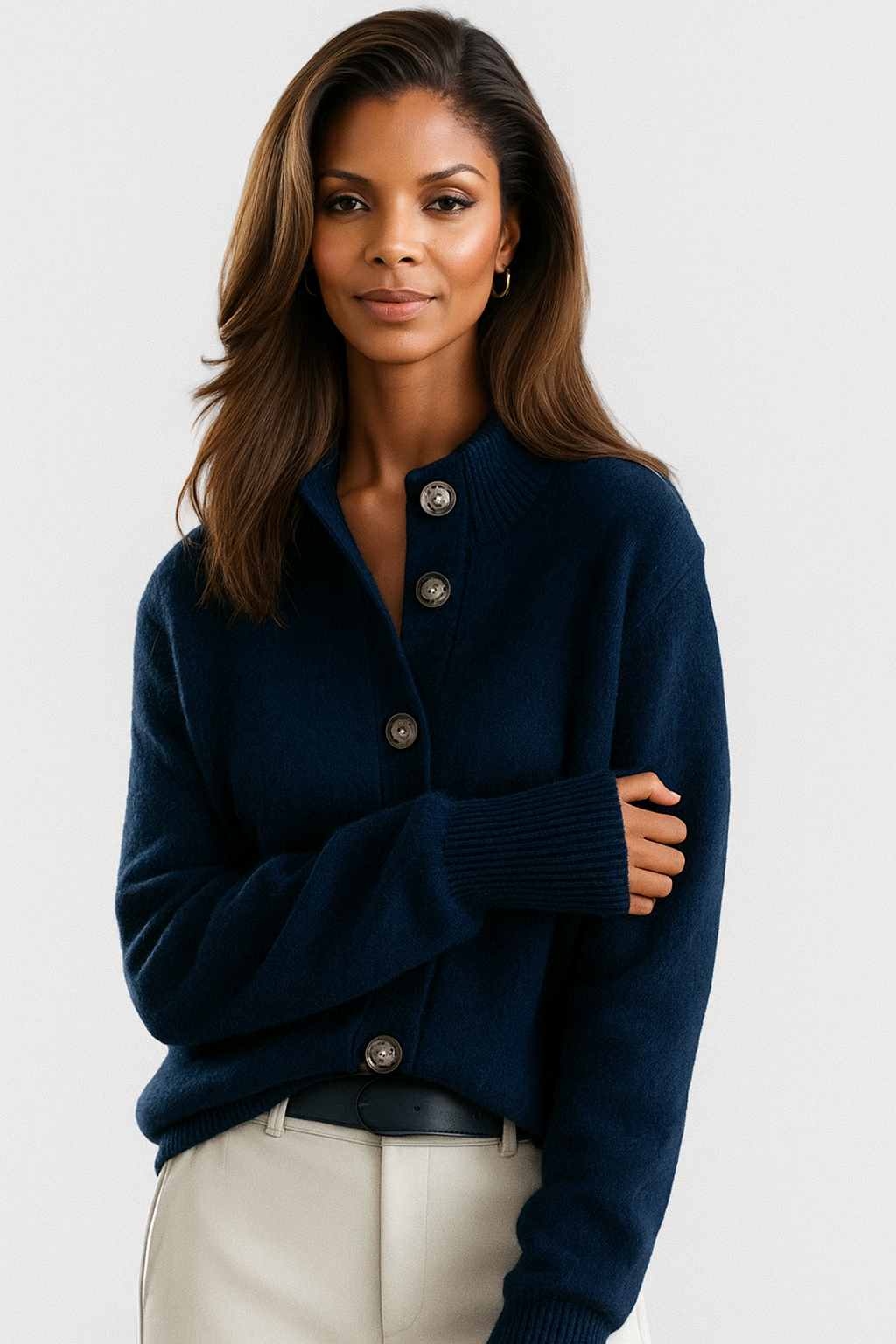 Women's button cardigan with ribbed trims and long sleeves