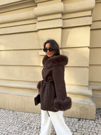 Women's brown wrap coat with wide textured collar and cuff trim
