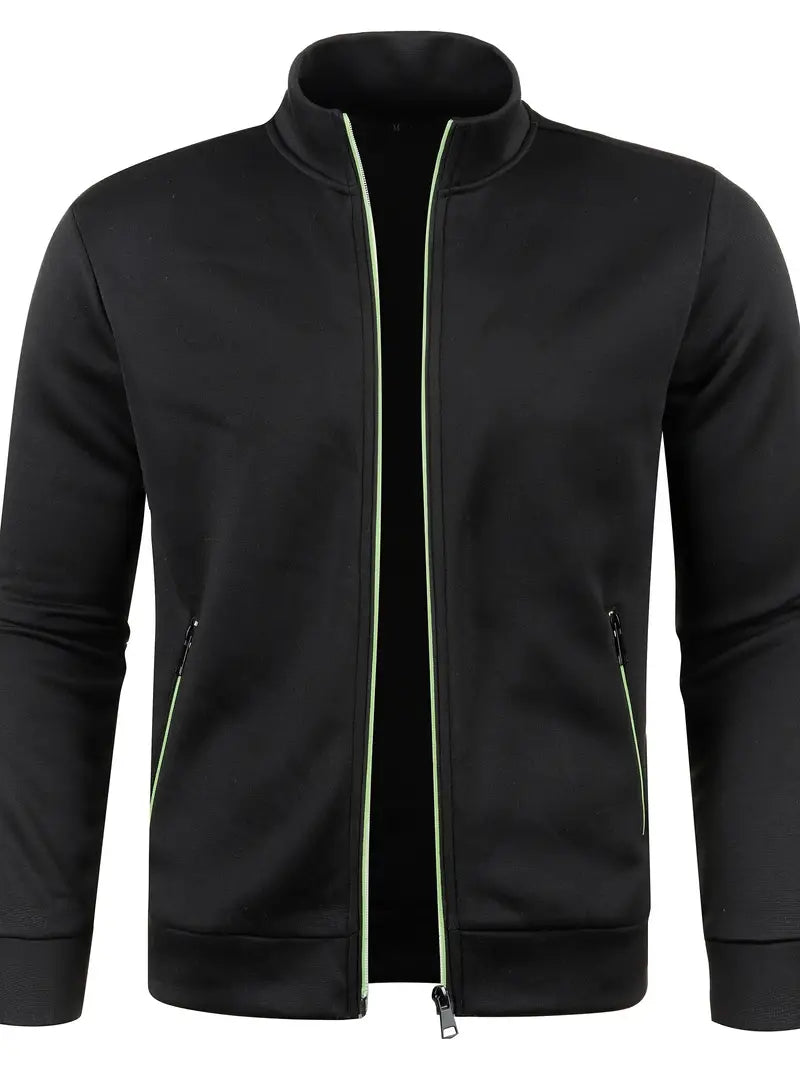 Men's full-zip cardigan with stand collar, long sleeves and zipped side pockets