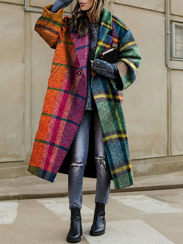 Women's multicoloured checked longline coat with lapel collar and three-quarter sleeves