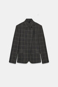 Women's dark checked blazer with high collar, long sleeves and flap pockets
