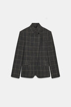 Women's dark checked blazer with high collar, long sleeves and flap pockets