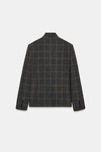Women's dark checked blazer with high collar, long sleeves and flap pockets