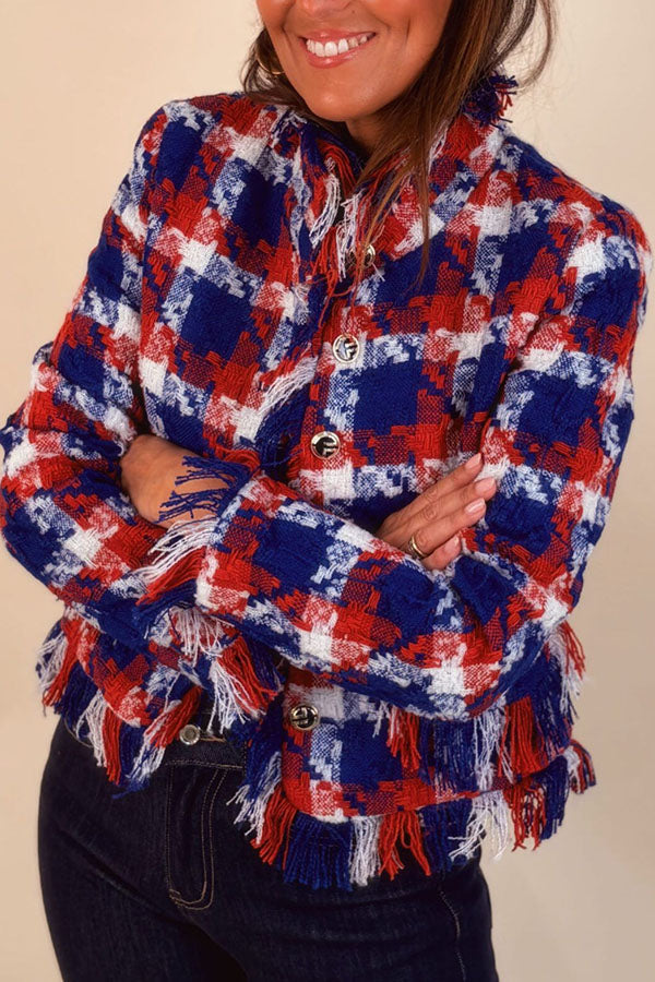 Women's blue checked jacket with fringed trim, long sleeves and button front