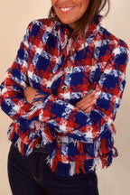 Women's blue checked jacket with fringed trim, long sleeves and button front