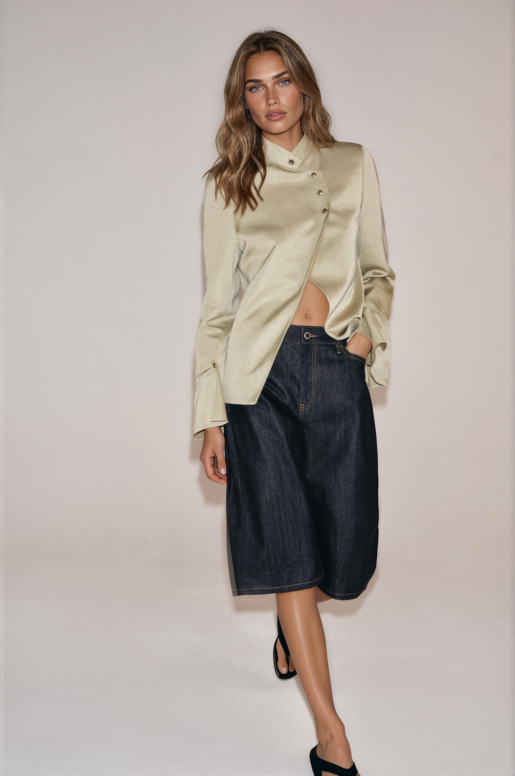 Women's mandarin collar blazer jacket with long flared cuffs